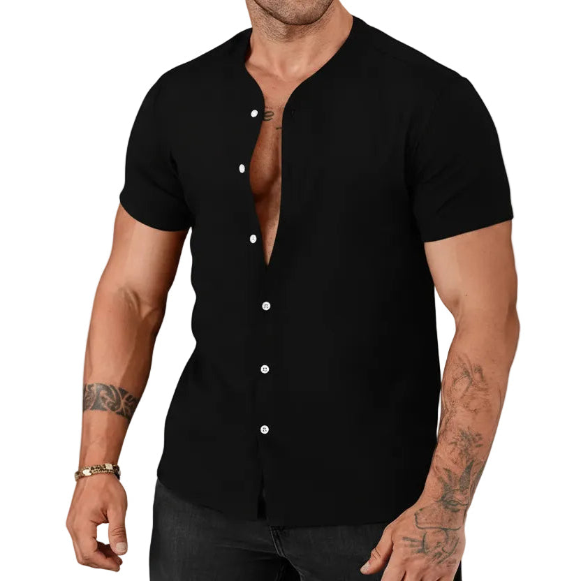 Herren Stehkragen Kurzarm Cardigan Shirt Vorderansicht einfarbig