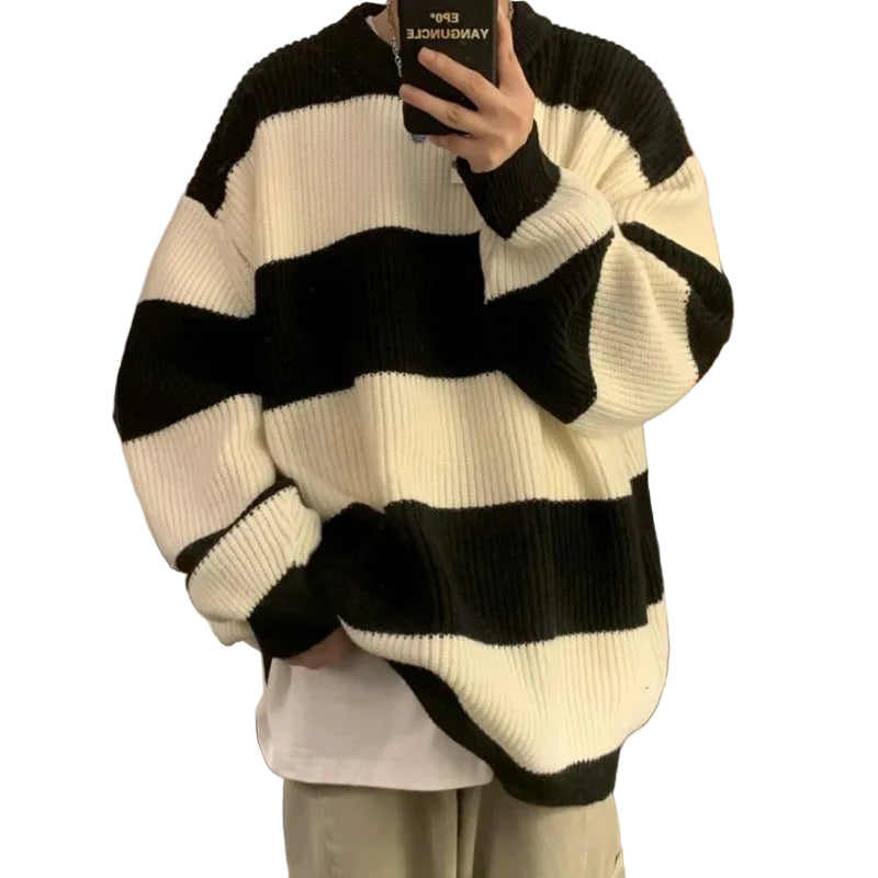 Herren Vintage Streifen Strickpullover Vorderansicht im lockeren Stil
